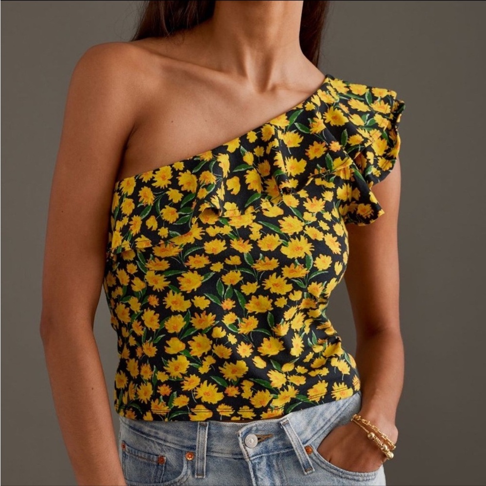 NWT Maeve Anthropologie One-Shoulder Ruffled Tank Top Women’s XL Black Floral